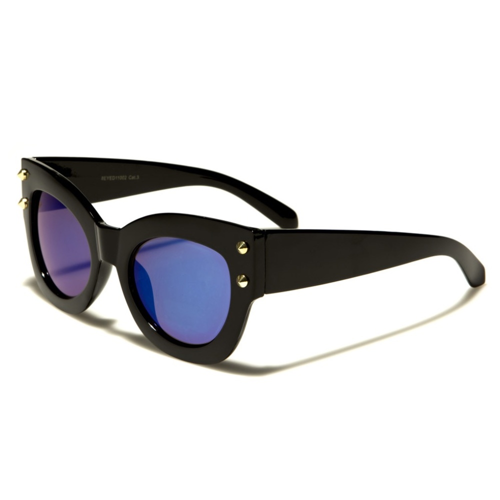 Cat Eye Mirrored Sunglasses Blue Gold Studs